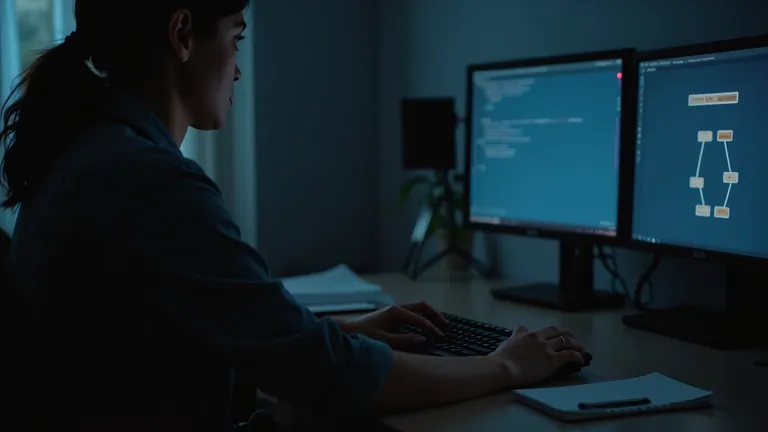 A learner at a two-monitor workstation at dusk, one screen showing a console window and the other a simple network diagram.