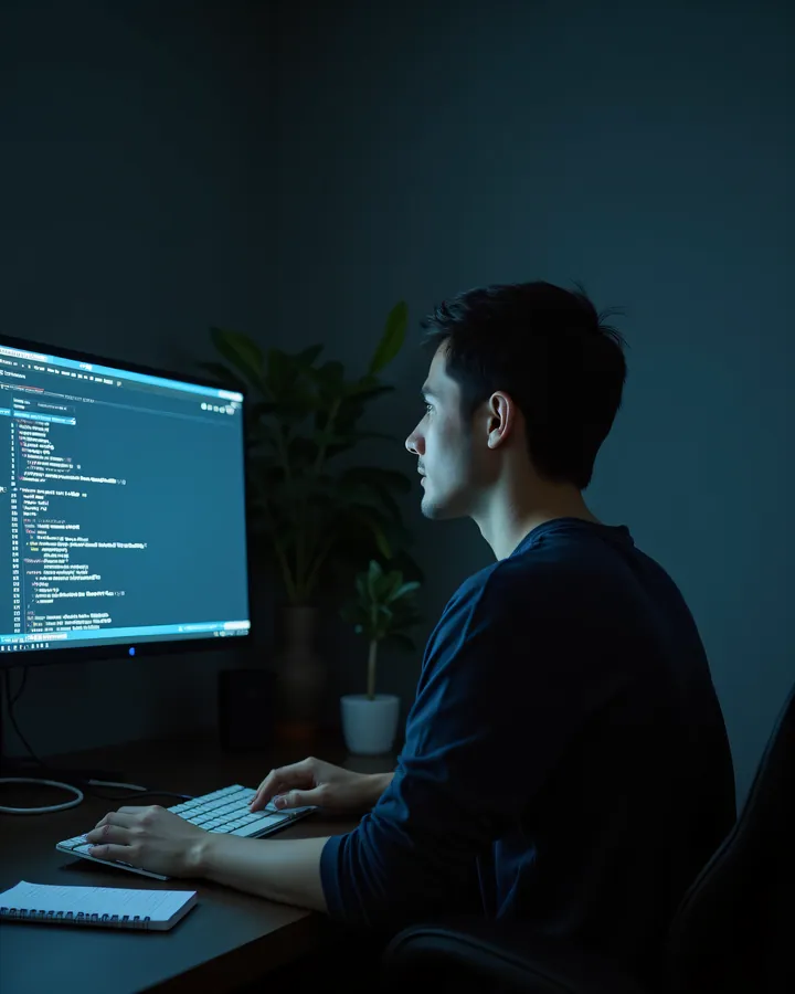 A learner seen from behind at a desk, working in a console window on a single large monitor.