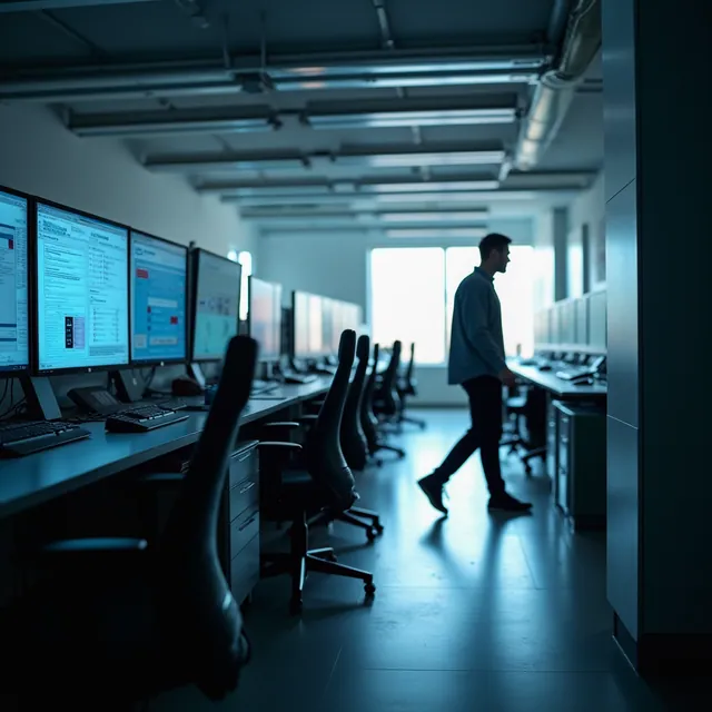 An engineer walking onto an operations floor with wide monitors.