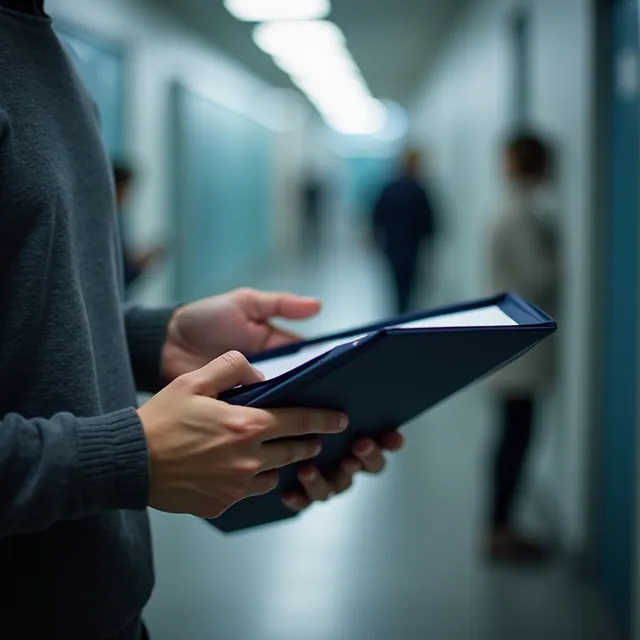 A learner holding a folder with a completion document.