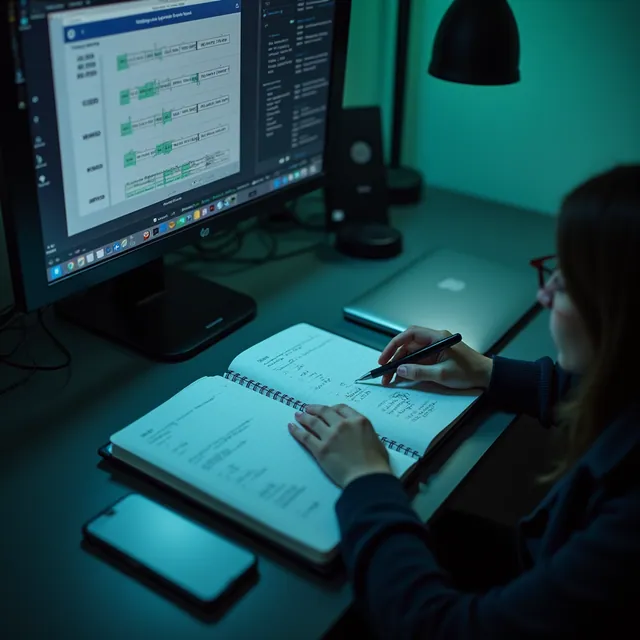 A desk with a checklist of completed items on screen and in a notebook.