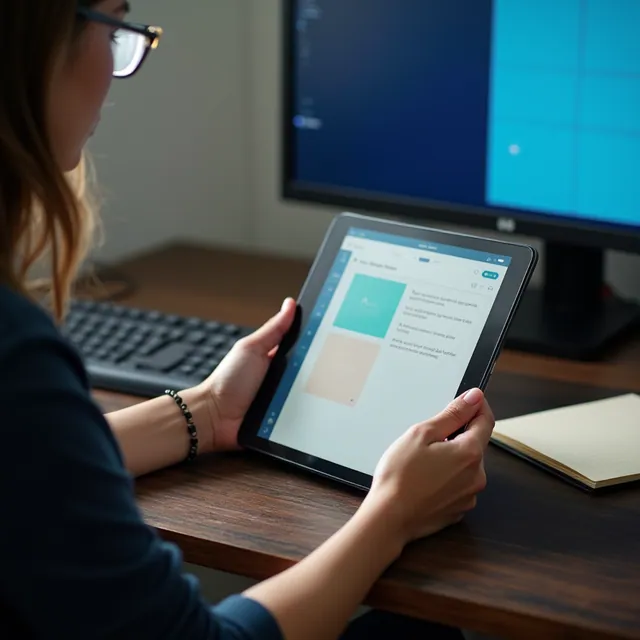 A learner reading a lesson on a tablet beside a keyboard and notebook.