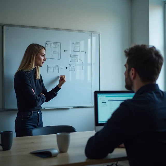A learner walking a mentor through a diagram on a whiteboard.
