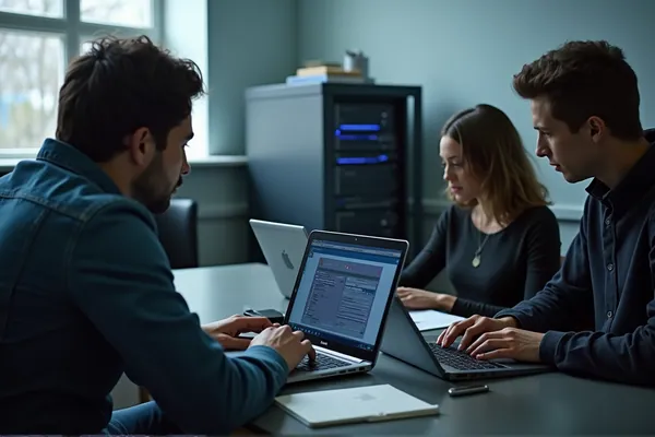 Three learners at a lab table with laptops and a server on a cart.