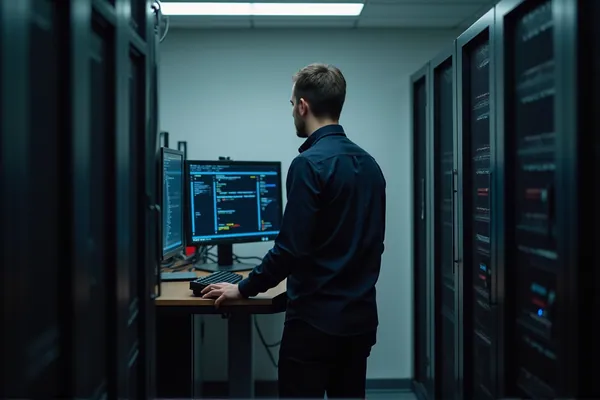 A systems administrator working at a crash-cart console between two server racks.